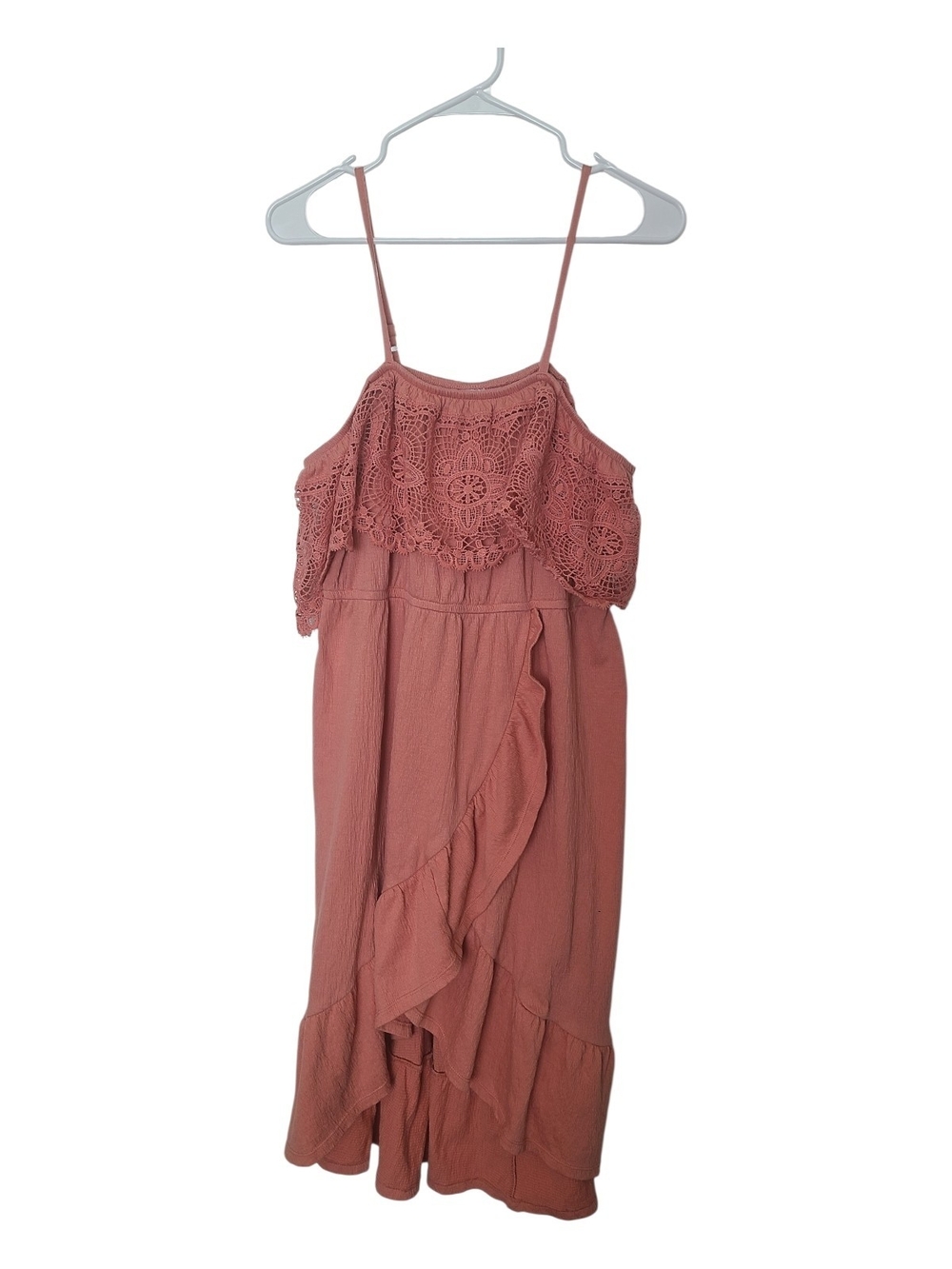 No Boundaries Dusty Rose Crochet Ruffle Spaghetti Strap Dress